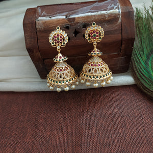 Stunning Gold Plated Jhumka With Zircon Stones With Pearl Drops