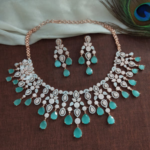 Rose-gold Zircon Necklace Set in Mint & Baby Pink Color