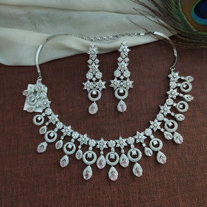 Moon and Star Design Silver Finish Zircon Necklace Set