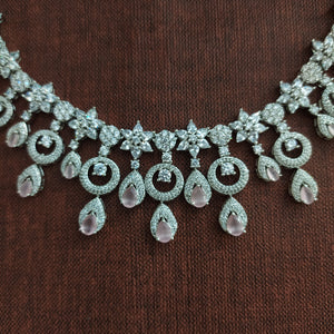 Moon and Star Design Silver Finish Zircon Necklace Set