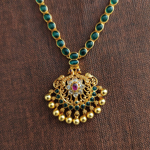 Unique 92.5 Pure Silver Emerald Necklace With Center Ruby Stone 