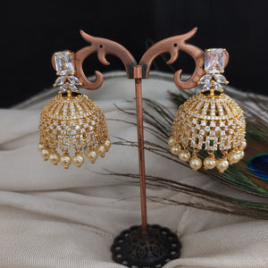 Gold-Plated Jhumki Earrings with Zircon Stones