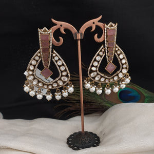 Exquisite Victorian Finish Chandelier Earrings in Baby Pink and Green