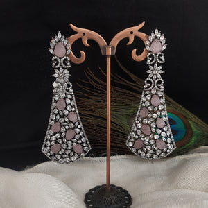 Victorian Finish Long Baby Pink Earrings with Zircon Stones