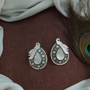 Artisan-Crafted Oxidized Peacock Stud Earrings with Quartz Stones