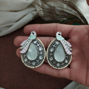 Artisan-Crafted Oxidized Peacock Stud Earrings with Quartz Stones