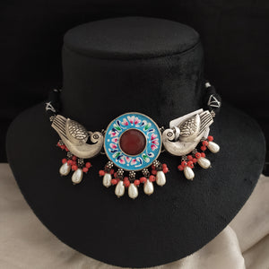 Dual Peacock Design Oxidised Choker Set With Red Center Stone 