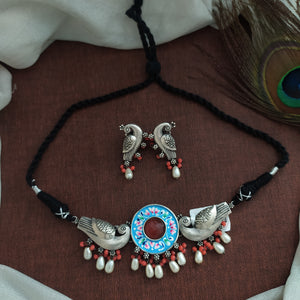 Dual Peacock Design Oxidised Choker Set With Red Center Stone 