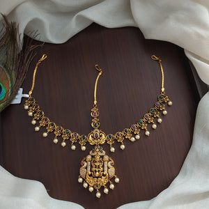 Silver Replica Antique Lakshmi Tikka Set with Red and Green Stones