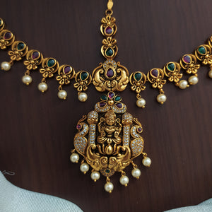 Silver Replica Antique Lakshmi Tikka Set with Red and Green Stones