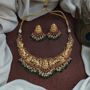 Gold-plated Antique Lakshmi Necklace Set with Bead Dangling