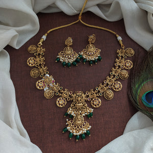 Divine Radiance Antique Lakshmi Peacock Necklace Set with Green Bead Drops