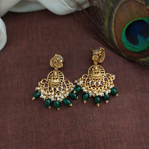 Divine Radiance Antique Lakshmi Peacock Necklace Set with Green Bead Drops