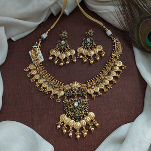 Traditional Antique Emerald Necklace Set with Lord Lakshmi Coins