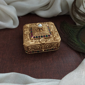 Rectangle Shape Pearl Kumkum Box with Kemp Stones