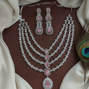 Zircon Layered Necklace Set in Pastel Baby Pink