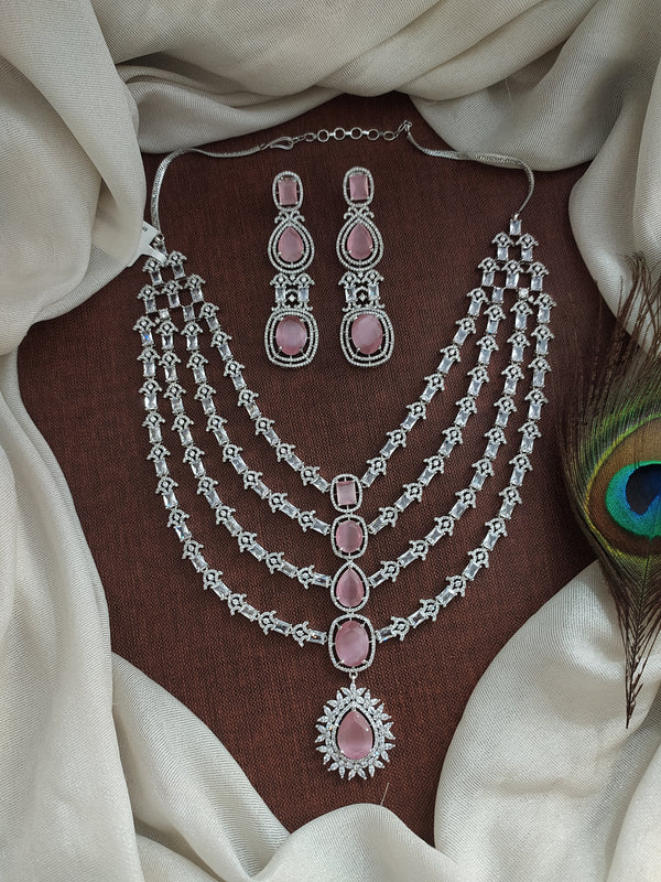 Zircon Layered Necklace Set in Pastel Baby Pink Sonal Fashion