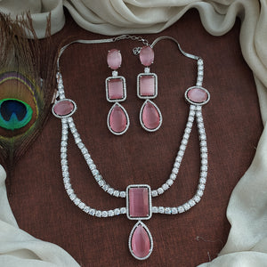 Zircon Big Stone Layered Necklace Set with Matching Dangling Earrings – Available in Baby Pink & Blue