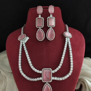 Zircon Big Stone Layered Necklace Set with Matching Dangling Earrings – Available in Baby Pink & Blue