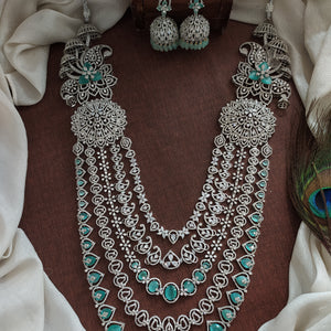Zircon Layered Bridal Haram Set in Pastel Mint and Baby Pink