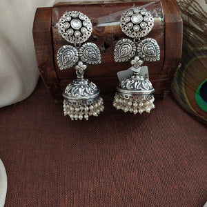 Pure Silver Oxidized Jhumki with Floral Design and Pearl Drops
