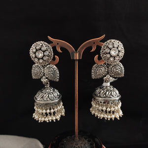 Pure Silver Oxidized Jhumki with Floral Design and Pearl Drops