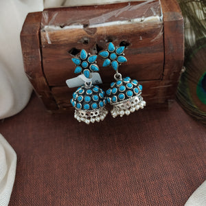 92.5 Pure Silver Jhumki in Oxidized Finish with Stones and Pearl Drops