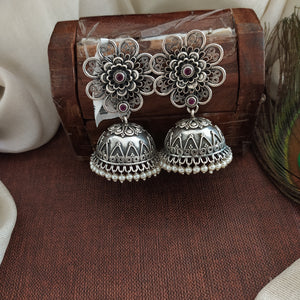 92.5 Pure Silver Oxidized Floral Jhumki with Ruby & Pearl Drops