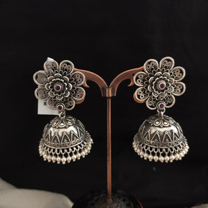92.5 Pure Silver Oxidized Floral Jhumki with Ruby & Pearl Drops