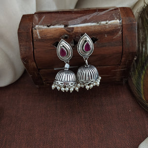 92.5 Pure Silver Oxidised Jhumki with Ruby Center and Pearl Drops – Pear-Shaped Studs