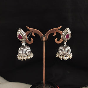 92.5 Pure Silver Oxidised Jhumki with Ruby Center and Pearl Drops – Pear-Shaped Studs