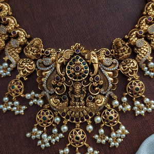 Antique Nagas Long Haram Set with Lakshmi and Peacock Motifs