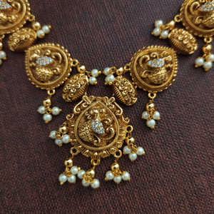 Antique Peacock Design Nagas Work Zircon Necklace Set