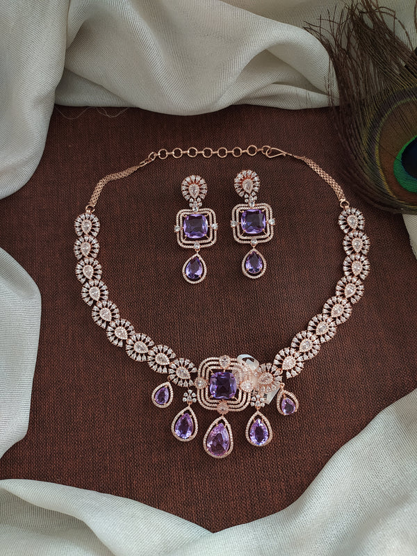 Rose Gold Short Necklace Set with Zircon AD Stones Sonal Fashion Jewellery