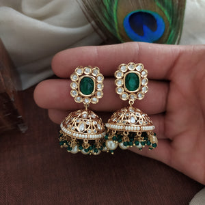 Elegant Kundan Jhumki in Green and Mint with White Stones