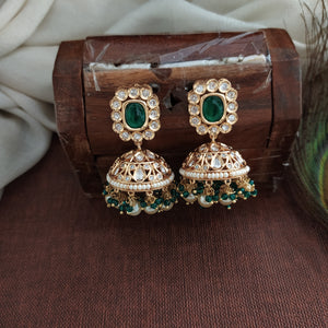 Elegant Kundan Jhumki in Green and Mint with White Stones