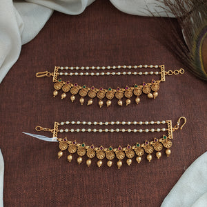 Traditional Ear Chain (Matil) in Antique Finish with Kemp and Green Stones