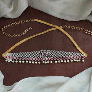 Dazzle and Define With Gold & Silver Dual-Tone Zircon Hip Chain with Pearl Dangling