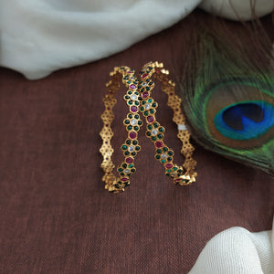 Embrace Timeless Elegance with Floral Design Red & Green Kemp Stone Antique Bangles