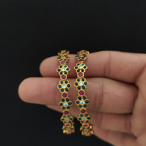 Embrace Timeless Elegance with Floral Design Red & Green Kemp Stone Antique Bangles