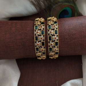 Unveiling Nature's Elegance: Antique Floral Bangles with Lush Greens and Kemp Stones