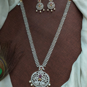 Dual Toned Majesty Of Gold & Silver Plated Peacock Pendant Zircon Haram Set 