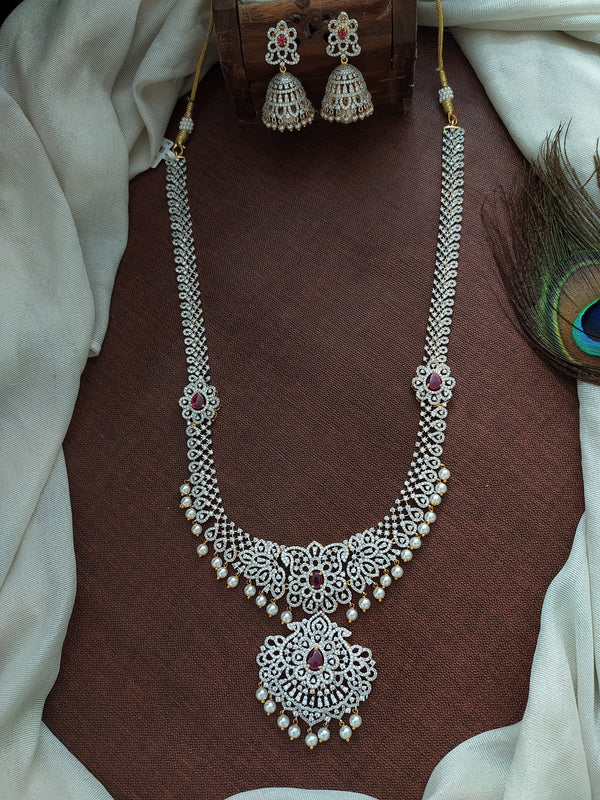 Gold and Silver Dual Tone Zircon Stylish Long Haram Set Sonal Fashion Jewellery