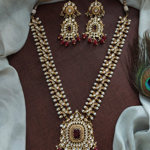 Antique Long Haram Set with Ruby Quartz, Kundan Stones, and Pearl Drops
