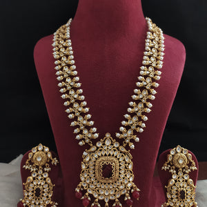 Antique Long Haram Set with Ruby Quartz, Kundan Stones, and Pearl Drops