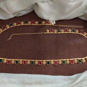 Gold-Plated Hip Chain with Red and Green Stones and Floral Design