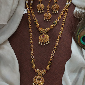 Enchanting Peacock & Floral Short Long Antique Gold Combo Set