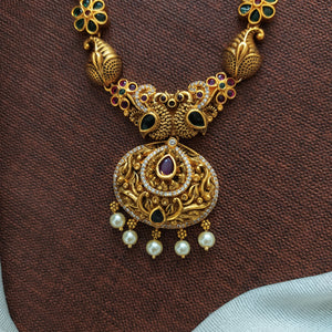 Enchanting Peacock & Floral Short Long Antique Gold Combo Set