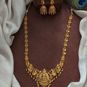 Antique Lakshmi Long Haram Set with Nagas Work and Zircon Stones