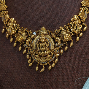 Antique Lakshmi Long Haram Set with Nagas Work and Zircon Stones